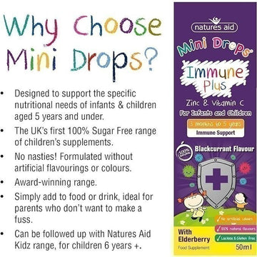 Natures Aid Mini Drops Immune Plus 50ml | Vegan | Zinc | Vitamin C | Folic Acid | Boost Immunity