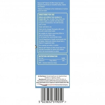 Natures Aid Mini Drops 400IU Vitamin D 50mL | Vegan | Sugar Free | Newborn to 5Y Kid Bone Teeth
