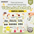 [Bundle of 10] BAEBEAR Breast Milk Storage Bag 250ml Jumbo Value Pack (100 pcs) Temperature Sensor | Leakproof