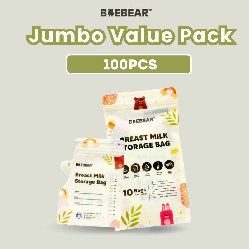 [Bundle of 10] BAEBEAR Breast Milk Storage Bag 250ml Jumbo Value Pack (100 pcs) Temperature Sensor | Leakproof