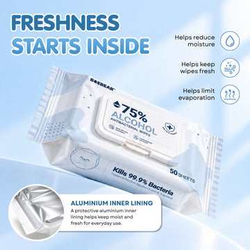 Baebear 75% Alcohol Wipes 50 Sheets 99.9% Disinfection Sanitizing Wet Wipes | Kills 99.9% Germ | Meishiyu Alcohol Wipes