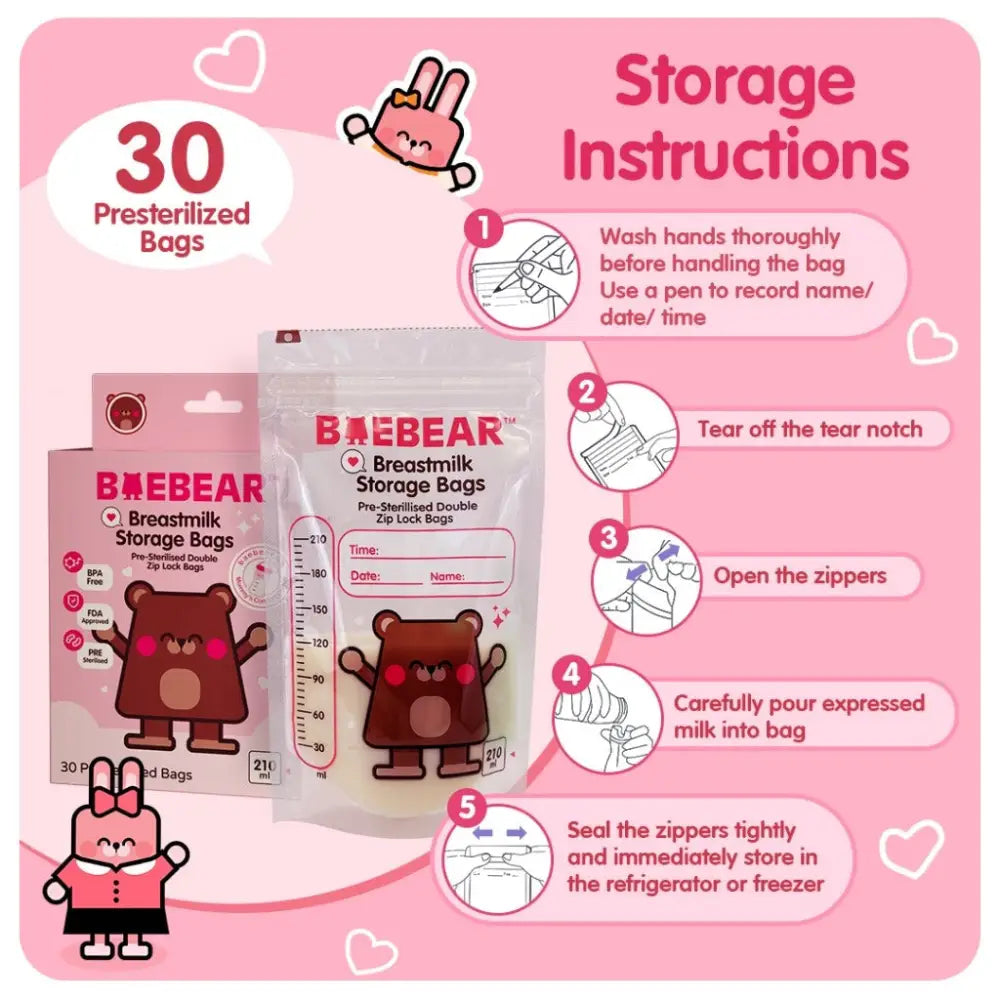 Baebear Breastmilk Storage Bags 210ml 30 Presterilized Bags | Double Zip Lock Bags Breastmilk Bag