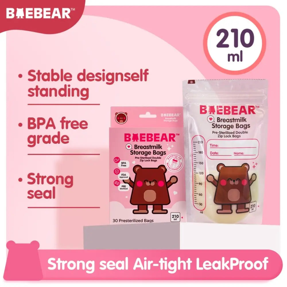 Baebear Breastmilk Storage Bags 210ml 30 Presterilized Bags | Double Zip Lock Bags Breastmilk Bag