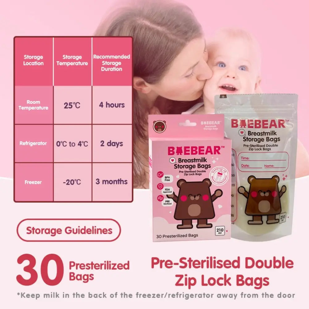 Baebear Breastmilk Storage Bags 210ml 30 Presterilized Bags | Double Zip Lock Bags Breastmilk Bag