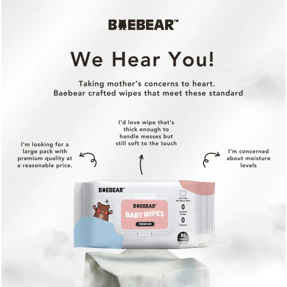 BAEBEAR Premium Baby Wet Wipes 80 Sheets | Gentle for Baby Skin | Extra Thick & Big 65gsm