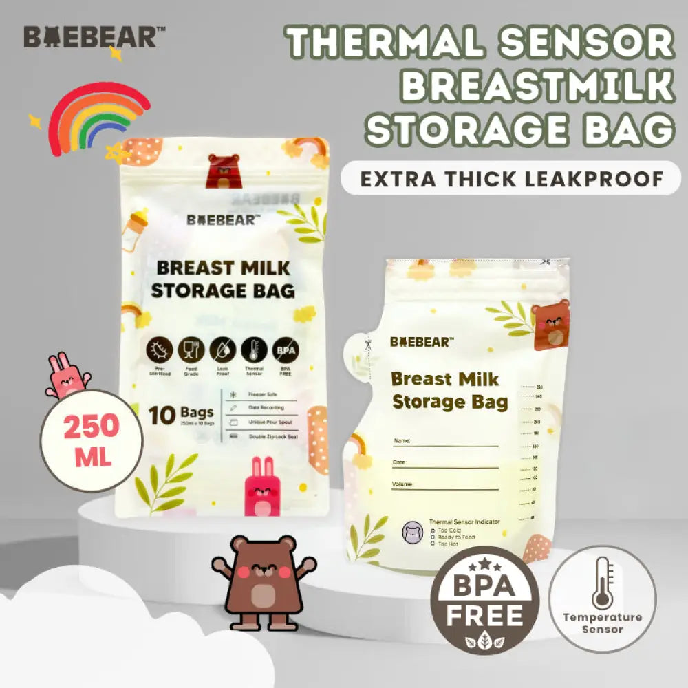 [Thermal] BAEBEAR Breast Milk Storage Bag 250ml (10pcs/bag) Temperature Sensor | Leakproof | Pour Spout | Local Stock